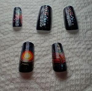 Press on nails black sun feather pink blue yellow orange art nail set